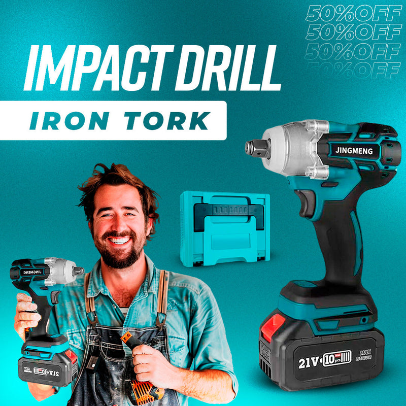Gráfico promocional de la herramienta inalámbrica de impacto IronTork con batería y estuche