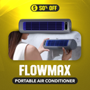 Banner promocional del minienfriador de aire FlowMax que muestra la unidad compacta