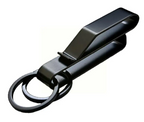 Alternate supplier view of the black Phantom belt clip and its two key rings.