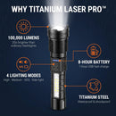 Infografía Titanium Laser Pro que muestra el cuerpo, los modos de iluminación y las características de la batería