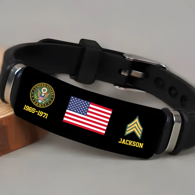 Pulsera negra personalizada para veteranos con emblema, bandera, rango y nombre del ejército.