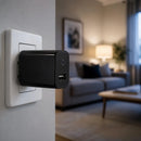 Cámara con cargador USB enchufada a una pared con una sala de estar al fondo