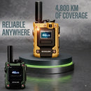 Radios EchoLink en dorado y verde junto a un gráfico de rango de comunicación