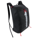 Vista lateral de la mochila negra para motocicleta con tiradores de cierre rojos