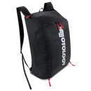 Mochila plegable negra para motocicleta con tiradores de cierre rojos y correas para los hombros