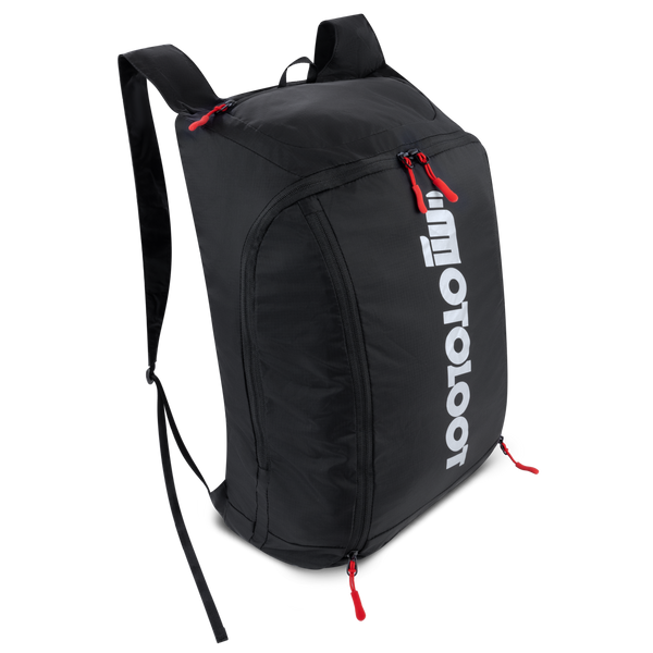 Mochila plegable negra para motocicleta con tiradores de cierre rojos y correas para los hombros