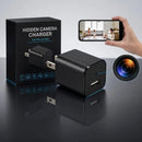 Kit de cámara con cargador USB con embalaje, detalle de lente y vista de monitoreo del teléfono