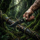 Manos usando el cuchillo WOLFSTRIKE para cortar una rama en un bosque