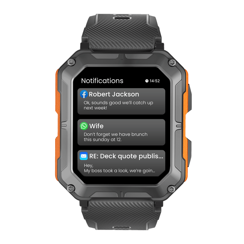 Reloj inteligente robusto negro mostrando notificaciones del teléfono