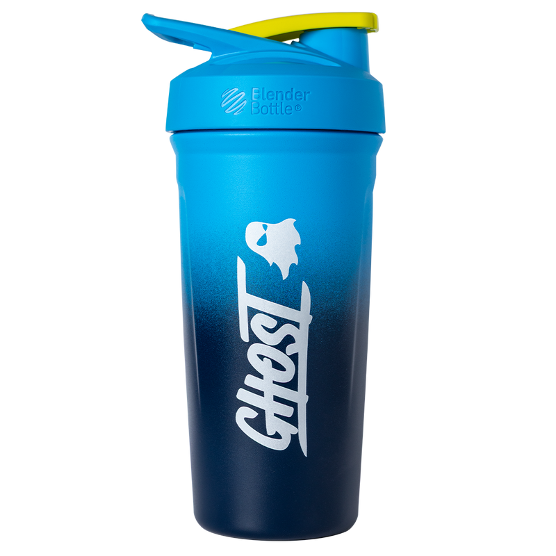 Coctelera azul GHOST de acero inoxidable con tapa abatible y asa de transporte amarilla