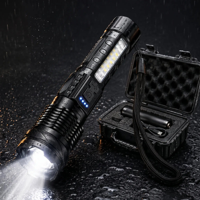 Linterna Titanium Laser Pro con haz frontal y luz lateral junto a un estuche rígido abierto
