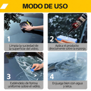 Guía de cuatro pasos con manos, paño, esponja y un frasco de líquido junto a un vidrio de automóvil, con instrucciones en español.