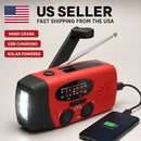 Gráfico promocional del radio Blackout Survivor con panel solar y cable USB