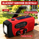 Radio Blackout Survivor rojo y negro, con detalle del panel superior, la antena y los controles frontales.