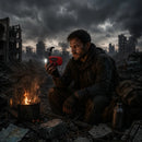 Hombre sujetando la radio de emergencia roja en una oscura escena de desastre