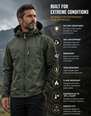 Hombre usando una chaqueta verde oliva DryMax junto a una lista de funciones