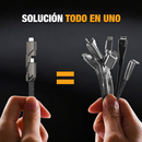 Cable 4 en 1 junto a varios cables convencionales; ilustración de una solución todo en uno, con texto en español.