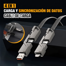 Cable 4 en 1 con conectores metálicos; detalle de conexión a una computadora y un teléfono, con texto en español sobre carga y datos.