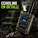 Radio EchoLink verde y negro con rótulos en español de la antena, la luz superior y los controles.