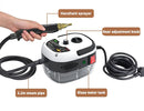Limpiador de vapor portátil con pistola rociadora, manguera, cable y tanque de agua identificados