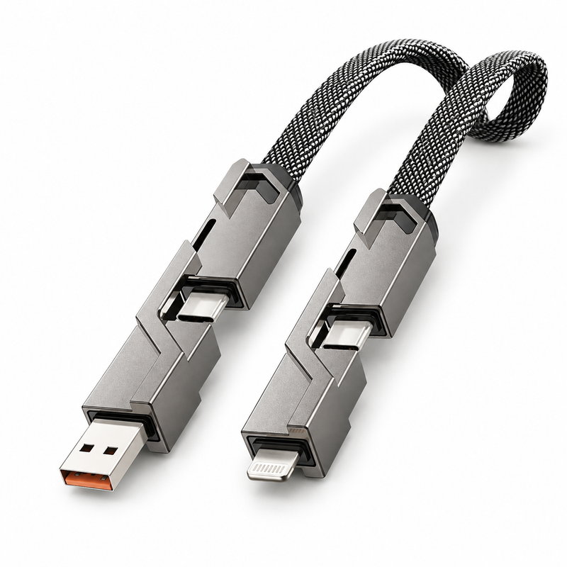 Cable trenzado de carga 4 en 1 con conectores metálicos sobre fondo blanco