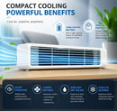 Infografía del enfriador de aire FlowMax con controles y funciones de flujo de aire