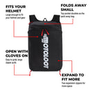 Infografía de la mochila para motocicleta que muestra el espacio para casco, la ampliación y el plegado