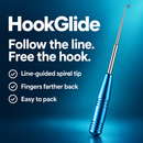 Removedor azul HookGlide con título en inglés y tres beneficios: punta en espiral guiada por líneas, dedos más atrás y fácil de empacar.