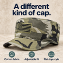 Patriot Cadet gorra de camuflaje con el titular Un tipo diferente de gorra y tres características: Tela de algodón, Ajuste ajustable, Estilo de parte superior plana.