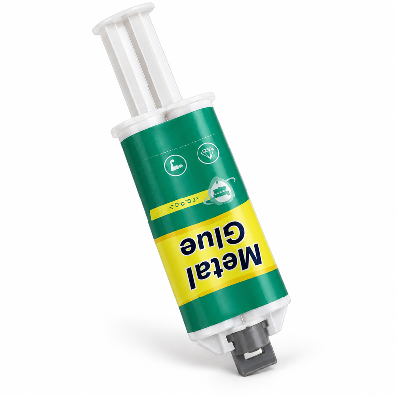 Pegamento de reparación de metal AB de doble jeringa verde y amarillo sobre fondo blanco