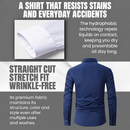 Infografía de camisa con detalles de la tela, demostración de manchas y estilo de corte recto