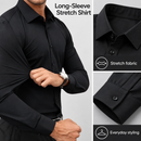 Infografía de camisa negra de manga larga con detalles de las mangas y del cuello