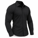 Camisa negra de manga larga con botones sobre un fondo blanco