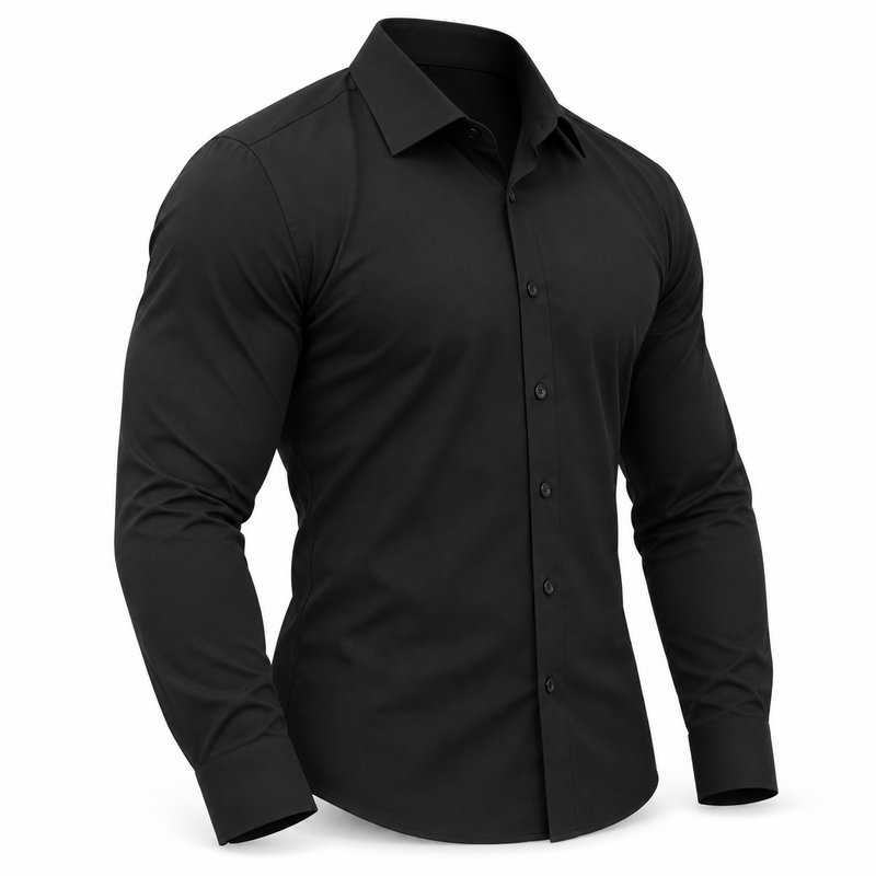 Camisa negra de manga larga con botones sobre un fondo blanco