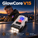 Gráfico de características GlowCore V15 con LED frontales y laterales de colores activos