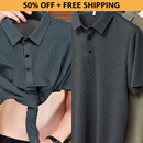 Gráfico promocional de una camisa polo oscura con demostración de estiramiento de la tela