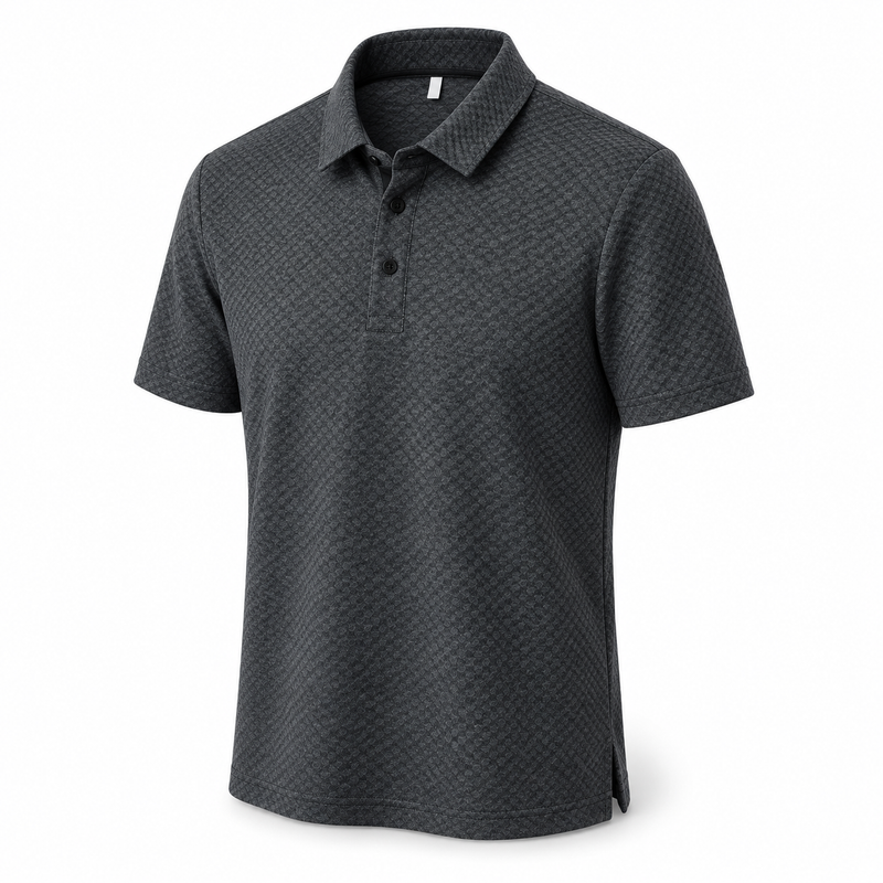 Camisa polo Luxury oscura de manga corta sobre fondo blanco
