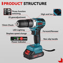 Diagrama de perforación ONEVAN con etiquetado del portabrocas, selector de torque, luz LED, interruptor de dirección y batería