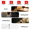 Infografía de taladro ONEVAN que muestra cómo atornillar y perforar metal, madera y mampostería.