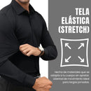 Infografía de camisa negra de manga larga que destaca la tela elástica