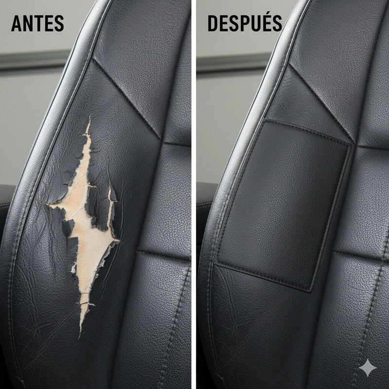 Comparación de antes y después de un asiento negro de auto desgastado y la superficie reparada