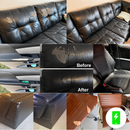 Collage de reparación de cuero que muestra sillas, tapicería de auto y muebles