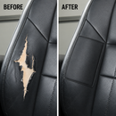Comparación de antes y después de un asiento negro de auto roto y reparado