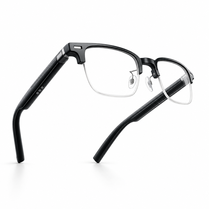 Montura de lentes SmartVision negra sobre fondo blanco.