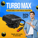 Gráfico promocional TurboMax con ventilador, cable y presentador