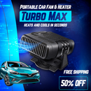 Banner promocional del ventilador y calefactor para auto TurboMax con un auto azul