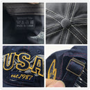 Fotos reales de detalle de la gorra Liberty Trail que muestran la etiqueta de algodón, el botón superior, el bordado USA y la hebilla de ajuste metálica trasera.