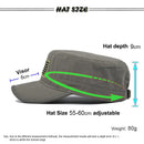 Patriot Cadet Guía de tallas de gorras en verde militar que muestra un rango ajustable de 55 a 60 cm, ala de 6 cm y profundidad de copa de 9 cm.