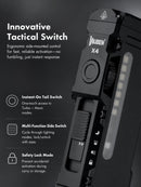 Infografía de linterna WUBEN X4 que muestra los controles del interruptor lateral, el interruptor trasero y el bloqueo de seguridad