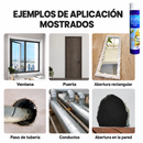 Montaje de ventanas, puerta, tuberías y aberturas, junto al envase Vira, con rótulos descriptivos en español.